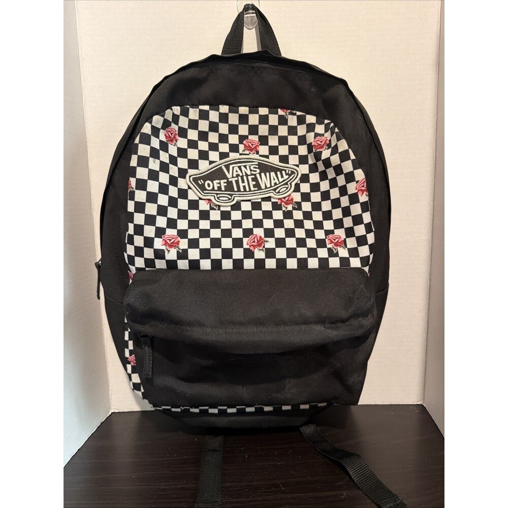 VANS Off the Wall Black & White Checkered W/ Pink Roses Backpack